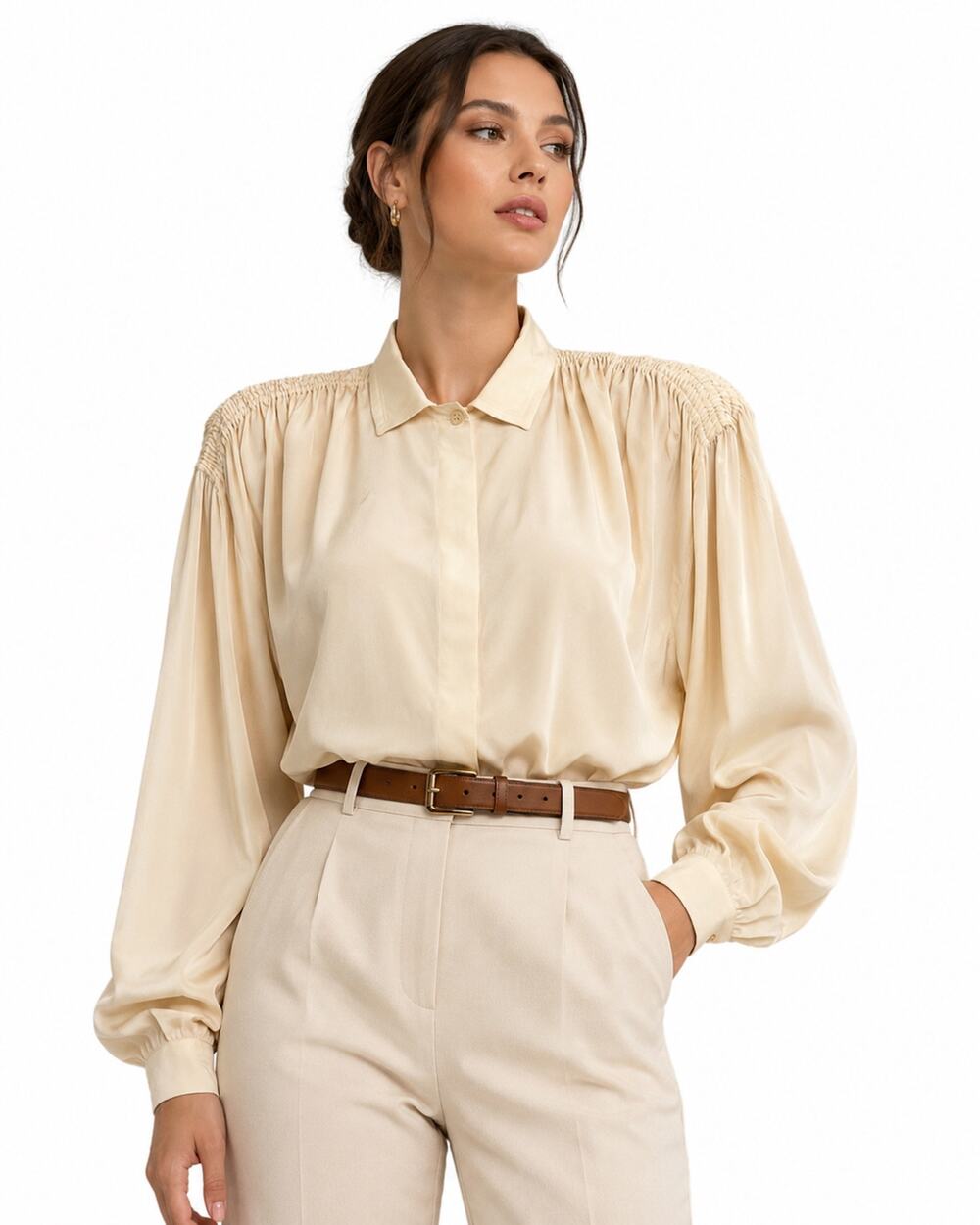 Vintage 80s Giorgio Beverly Hills Silk Blouse Ivory Strong Shoulder Top